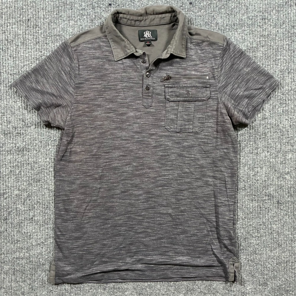 Rock & Republic Polo Shirt Mens M Gray Textured Zip Pocket Casual Designer‎ Top